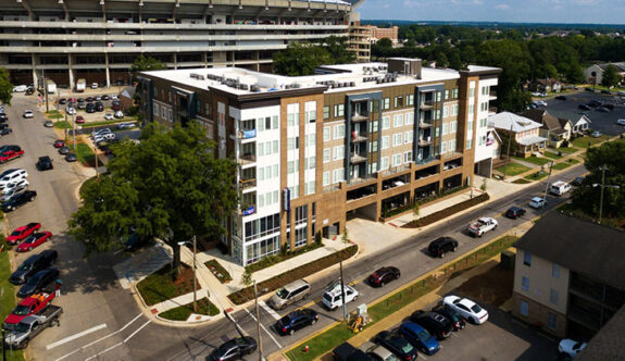 Building exterior featuring view of stadium 